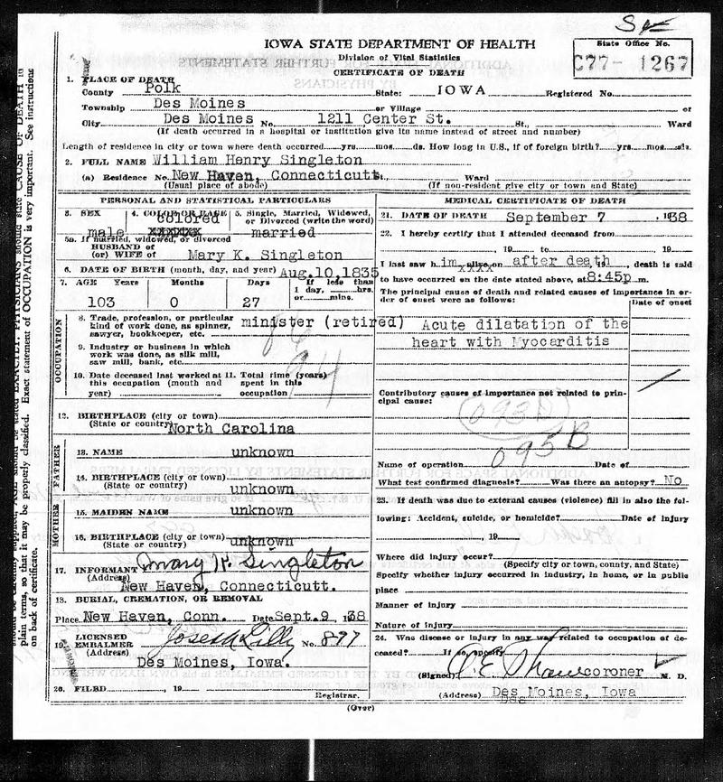 Death certificate of William Singleton